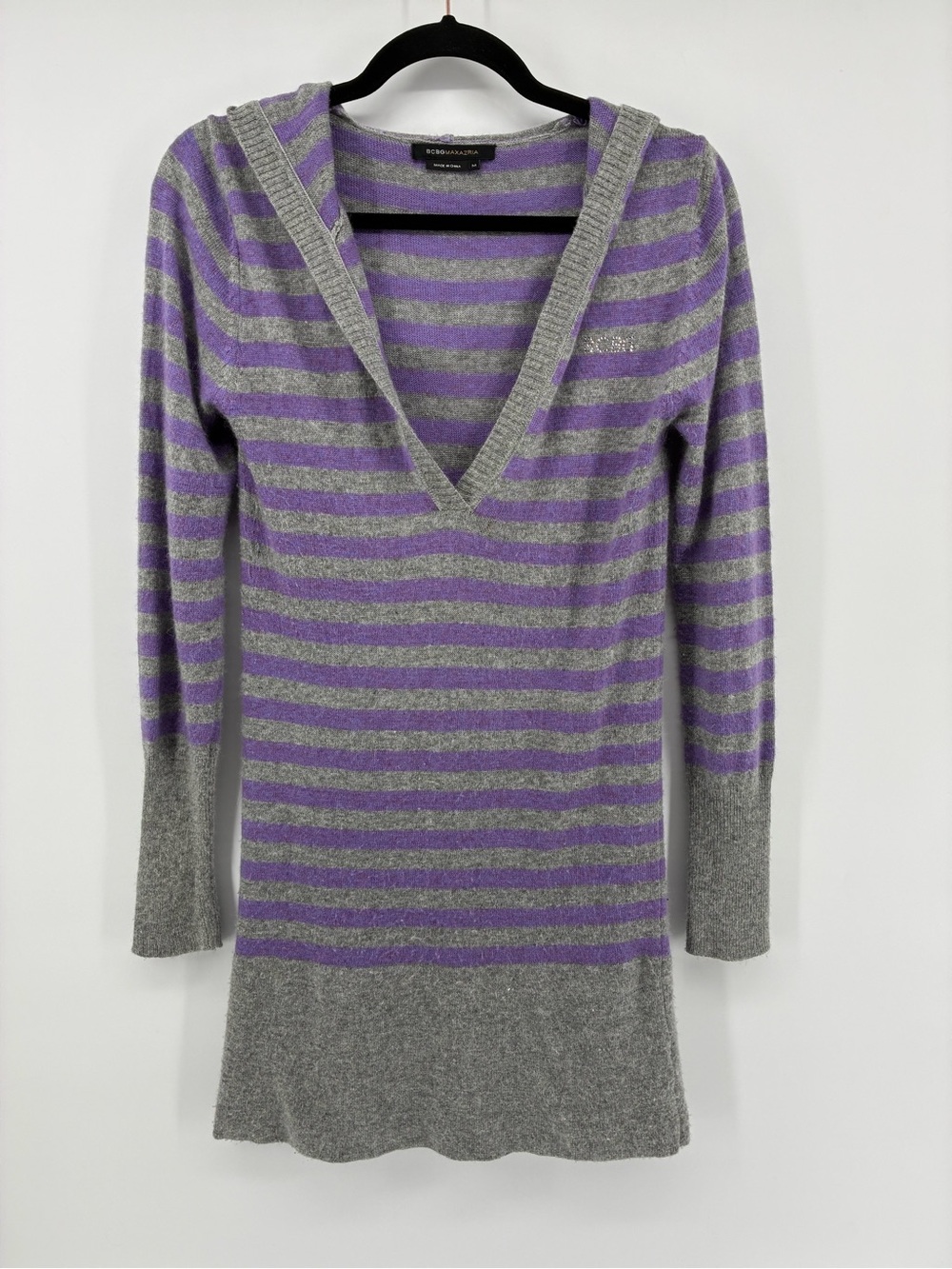 BCBGMAXAZRIA Gray & Purple Stripe V-Neck Hooded Sweater Wool & Angora Hair Blend
